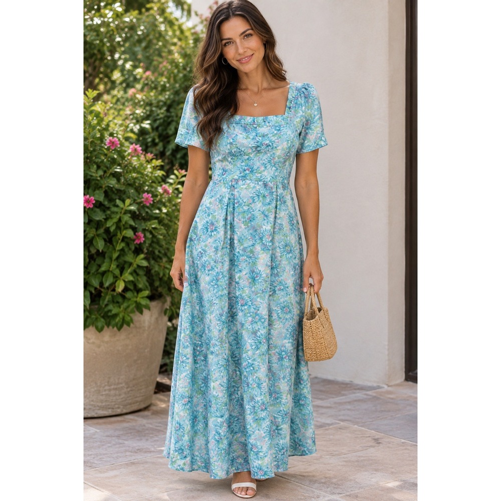 Vintage Watercolor Floral Maxi Dress Turquoise Pink Ruffle Neck Flutter Sleeve